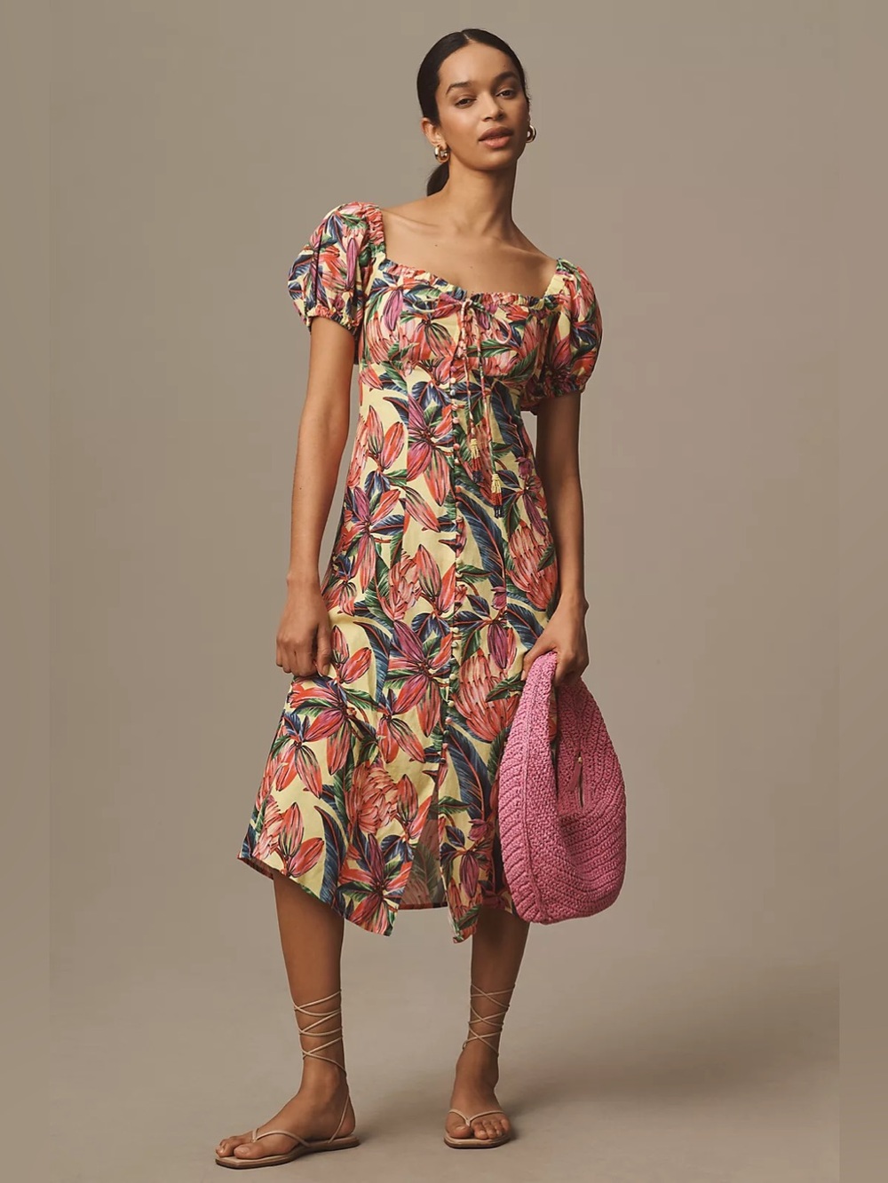 Farm Rio x Anthropologie Puff-Sleeve Sweetheart Linen Midi Dress Small